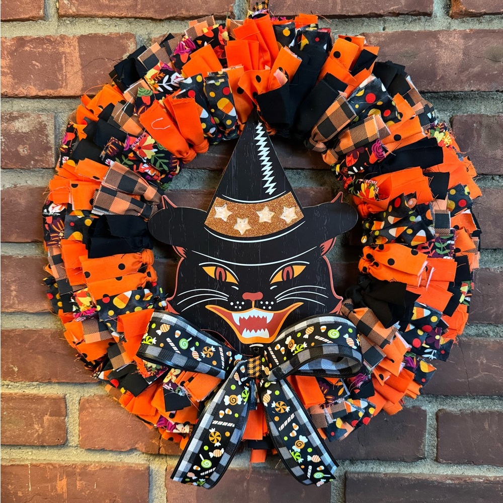 Retro Cat With Halloween Rag Wreath